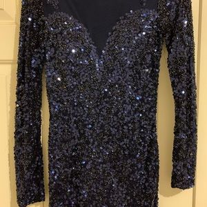 Navy PRIMAVERA sequenced gown longsleeve sheer